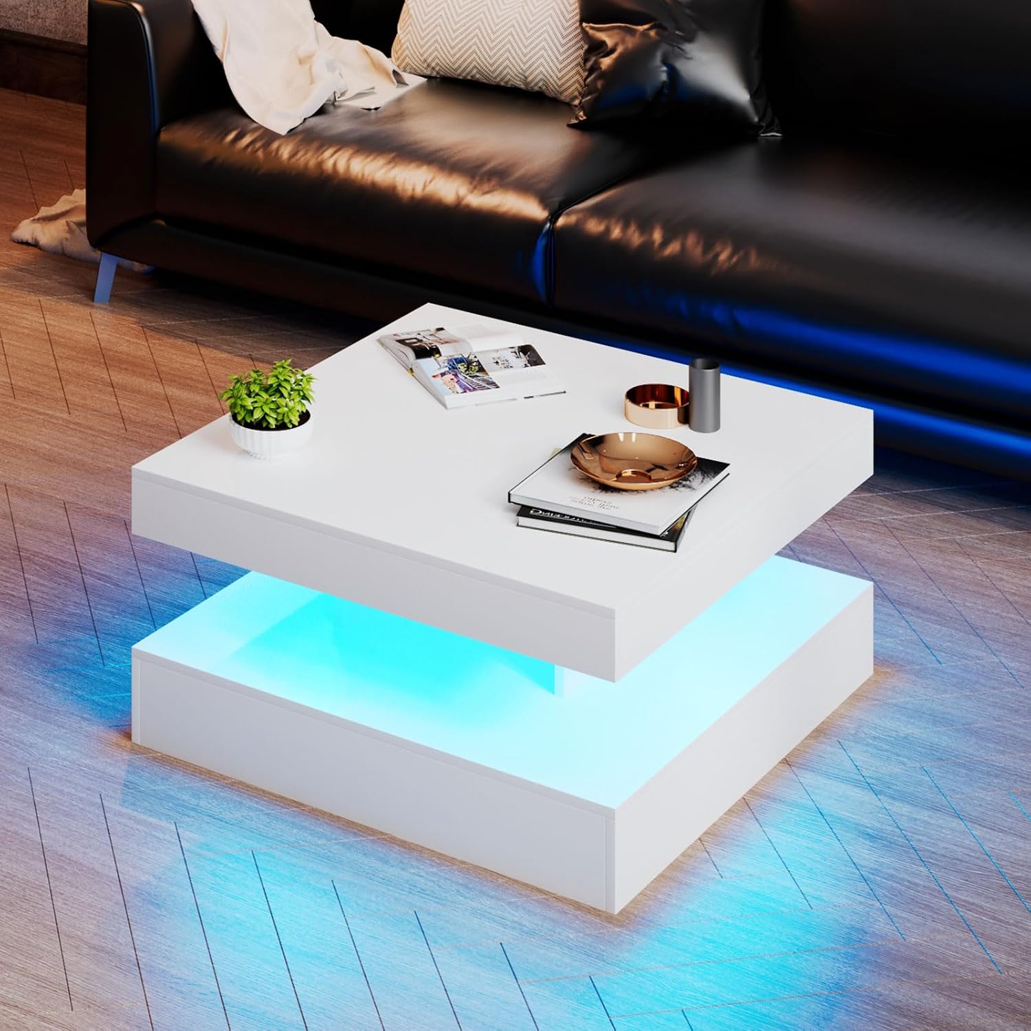 HedoAjim White LED Coffee Table for Living Room, Living Room Table 2-Tier Square Middle Center Table, Modern Coffee Tables with Storage, Wood Tea Tables for Dining Reception, Skin Feeling