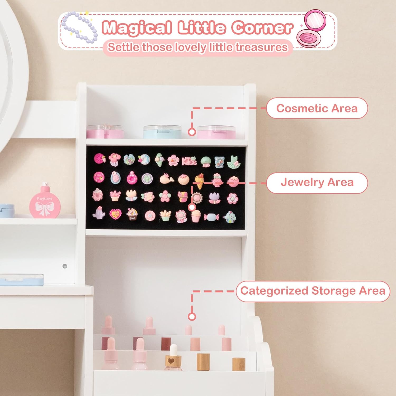 INFANS Kids Vanity with Lights, Princess Makeup Desk with Mirror Storage Shelves, Toddler Table and Chair Set Pretend Play for Girls Aged 4-9 (Cream White)