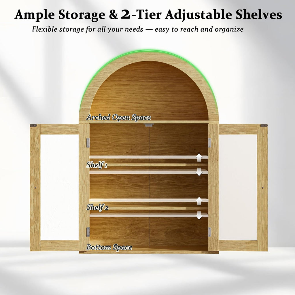 BREEZEHEAT Arched Medicine Cabinet with Glass Doors, Adjustable Shelf, Wall Mounted Bathroom Storage Cabinet Over Toilet, Natural Oak Wood Grain, 23.6''W × 31.5''H