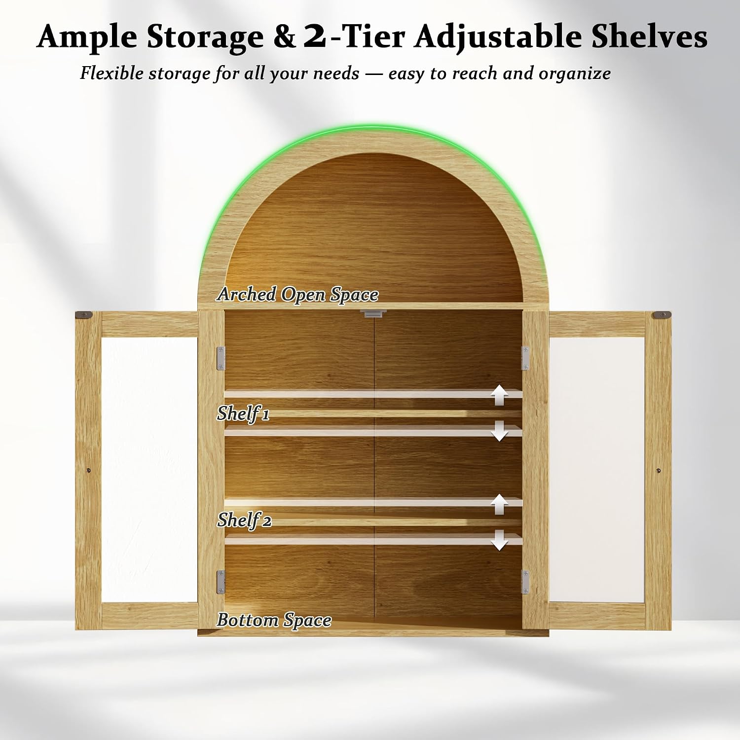 BREEZEHEAT Arched Medicine Cabinet with Glass Doors, Adjustable Shelf, Wall Mounted Bathroom Storage Cabinet Over Toilet, Natural Oak Wood Grain, 23.6''W × 31.5''H