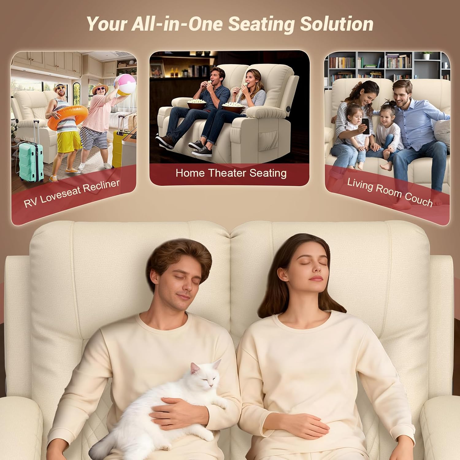 FURNIMAT 2026 Fabric Loveseat Recliner Sofa, 2 Seater Reclining Loveseat Sofa, RV Loveseat Couch, Modern Recliner Chair for Living Room, with Cup Holder and 2 Cell Phone Holders, USB Ports, Beige