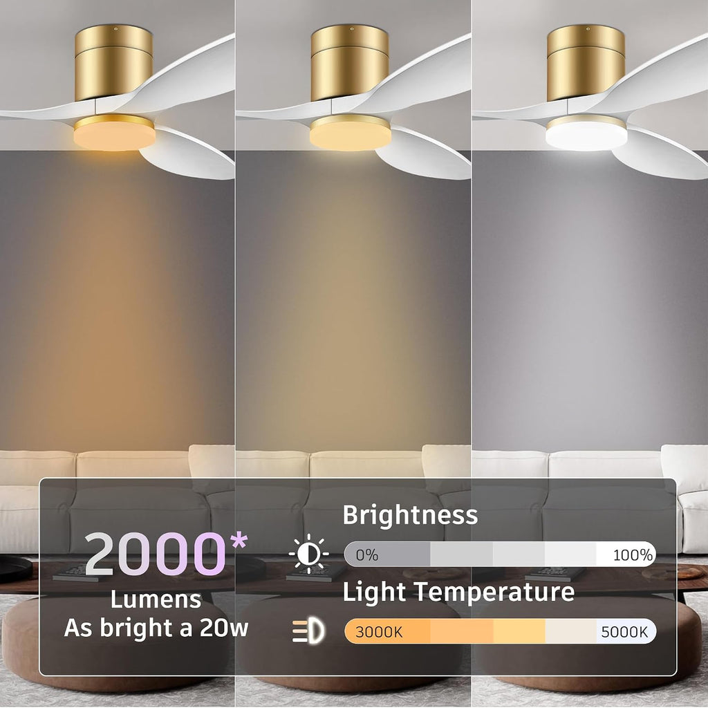 cumilo 52' Smart Ceiling Fans with Remote,Quiet DC Motor,Dimmable,Low Profile Outdoor Indoor Ceiling Fan,Compatible with Alexa Google Voice App,for Modern Flush Mount Bedroom Patio,Gold and White