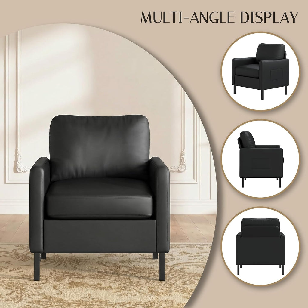 AODAILIHB Black Leather Accent Chair, Modern Accent Chairs with Arms, Small Chair with 2 Pocket/Thick Cushion Comfy Single Seat Sofa Couch for Living Room/Waiting Room/Office (1, Black)