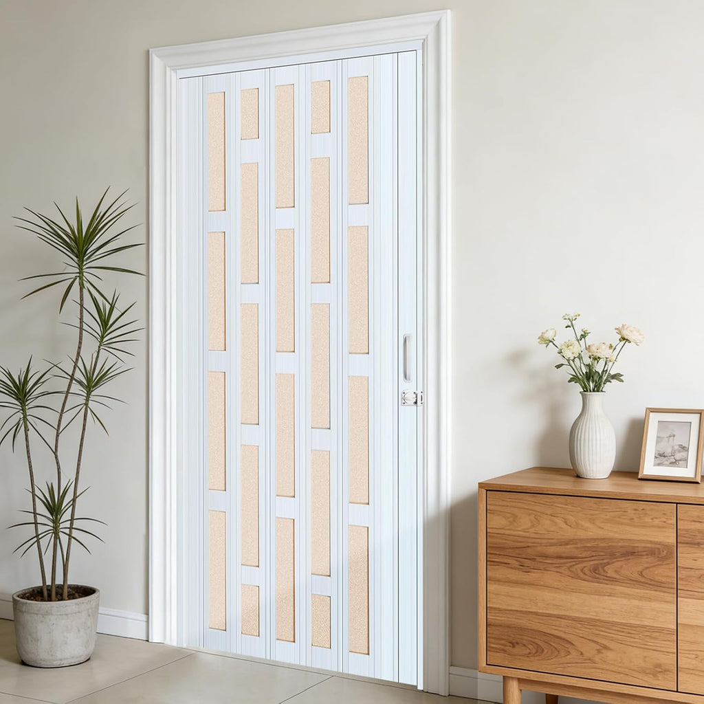 DIYHD 42X80in Glass Accordion Door with Latch&Handle, Double-Layer Thickened PVC Folding Interior Door with Frosted Acrylic - Blocks Views, Lets Light In, Easy Install for Closet, Utility&Room Divider
