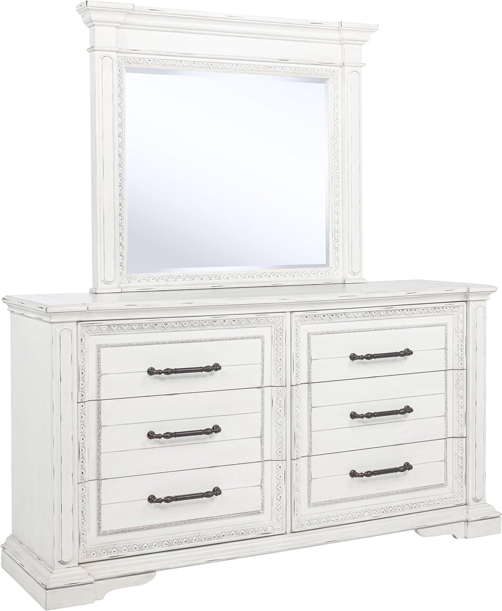 Coaster Home Furnishings - McKinney - Poplar Wood - 6-Drawer Dresser with 50-Inch Rectangular Mirror, Traditional Style, Jewelry Tray, and Antique Bronze Hardware - Bedroom - Vintage White - 215873M