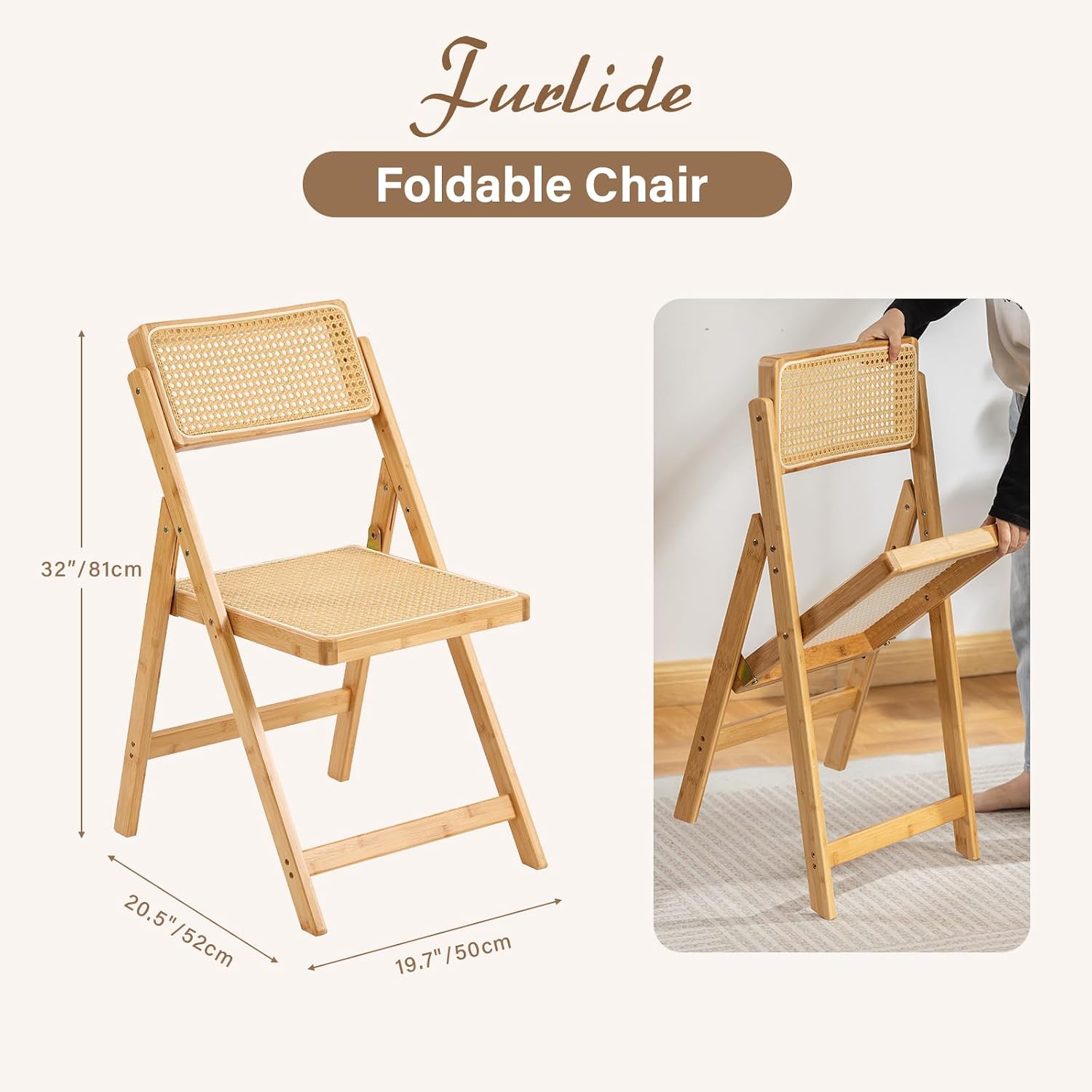 Furlide Rattan Folding Chairs, Modern Mid Century Dining Chairs Set of 2, Outdoor Bamboo Chair for Bedroom Living Room Reading Room Dining Kitchen, Wood