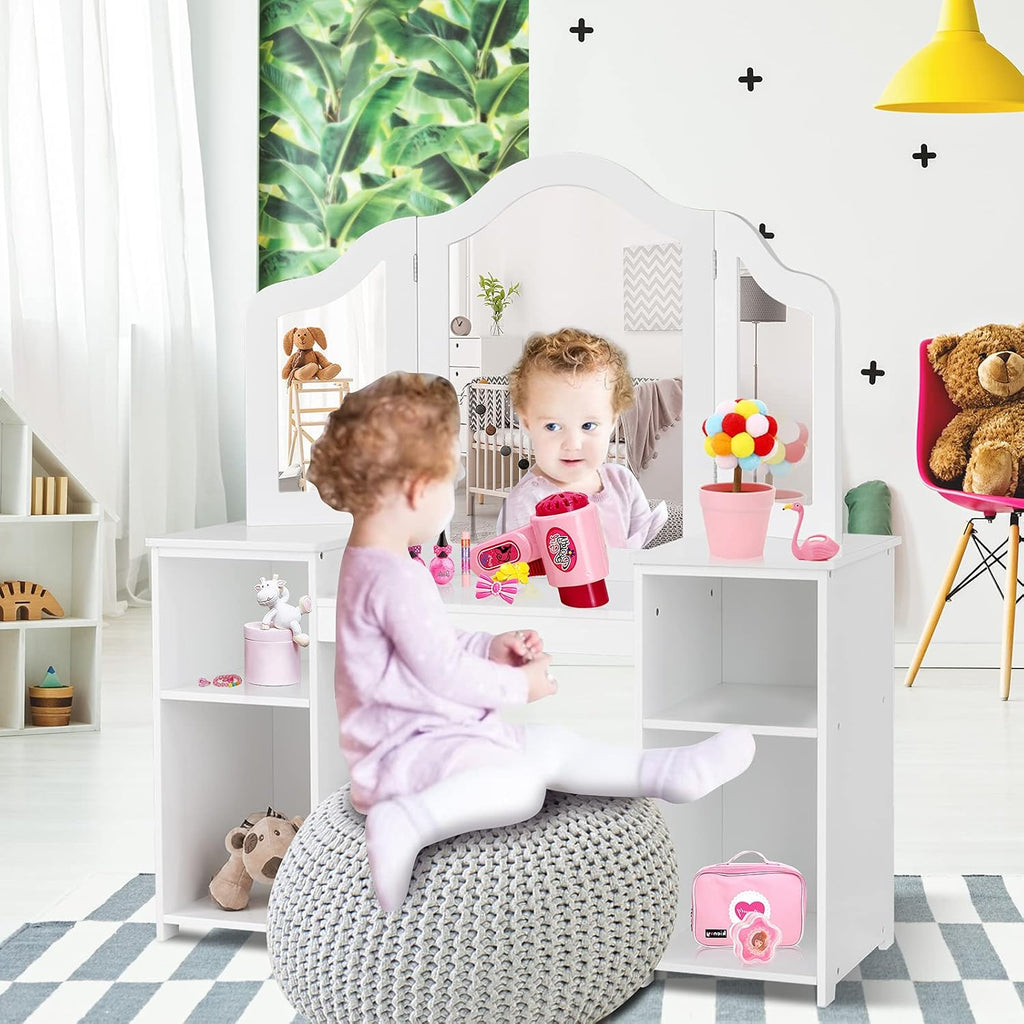 AKUSTIK Kids Vanity, 2 in 1 White Wooden Dressing Table for Toddlers with Tri-Folding Detachable Mirror, Storage Shelves, Pretend Princess Beauty Make Up Play Set for Little Girls