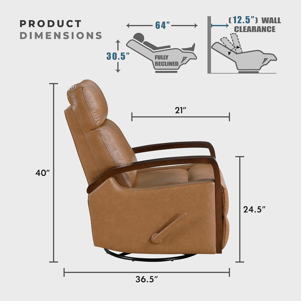 Lexicon 360 Degree Swivel Glider Reclining Chair, Breathable Faux Leather Manual Recliner, Comfy Nursery Glider Recliner, Wood Arms, Pull Handle for Living Room/Office/Bedroom/Apartment, Camel Brown