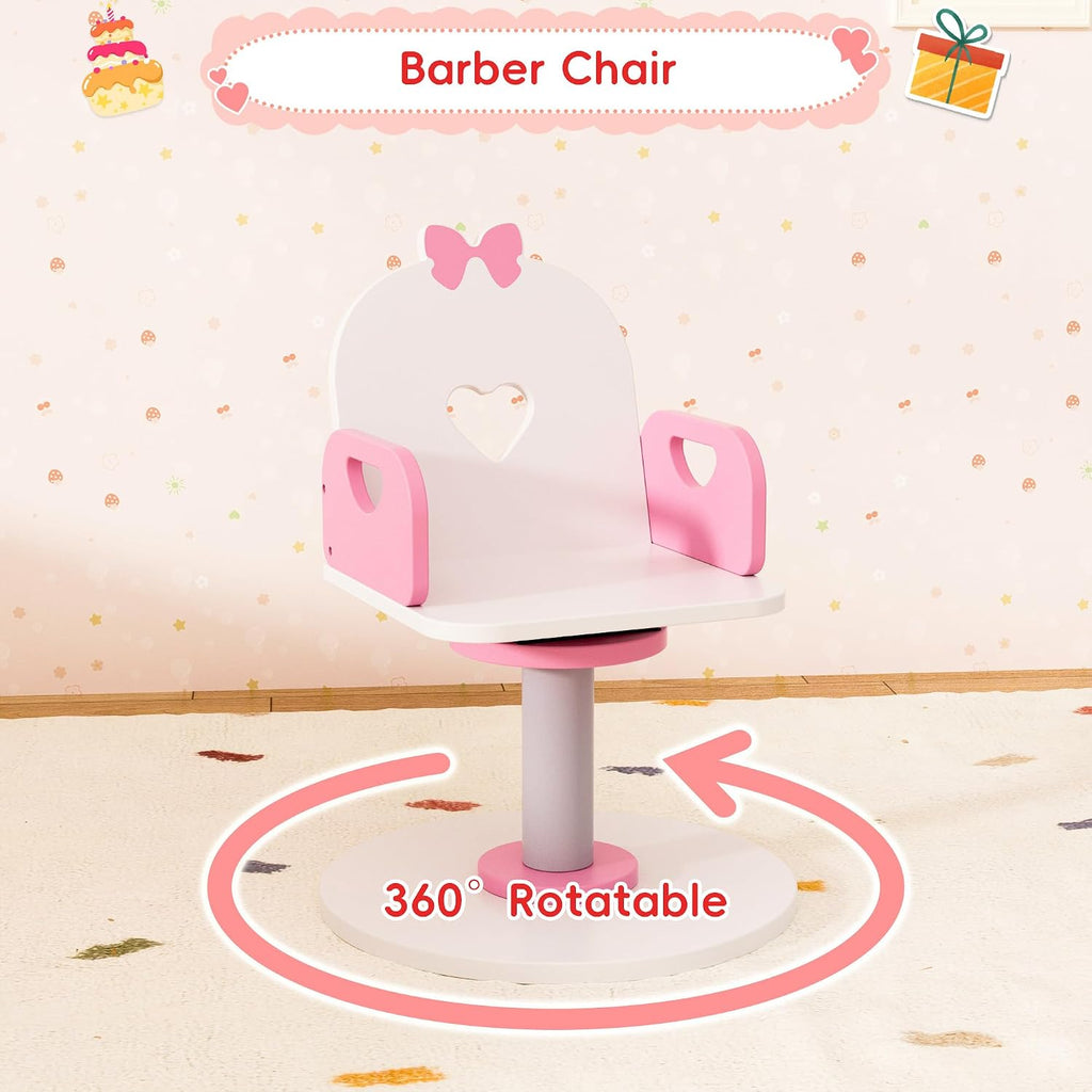 Wooden Kids Vanity Table and Chair Set with Light and Mirror, Princess Makeup Vanity Desk with Barber Chair and Rolling Cart, Pretend Hair Salon Play Set, Toddler Vanity Set for Girls, White
