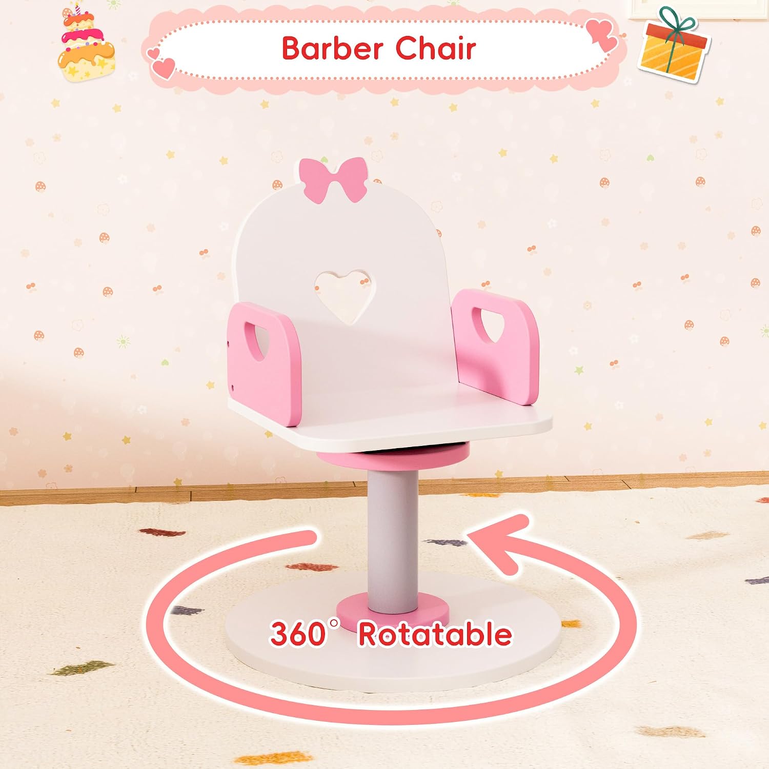 Wooden Kids Vanity Table and Chair Set with Light and Mirror, Princess Makeup Vanity Desk with Barber Chair and Rolling Cart, Pretend Hair Salon Play Set, Toddler Vanity Set for Girls, White