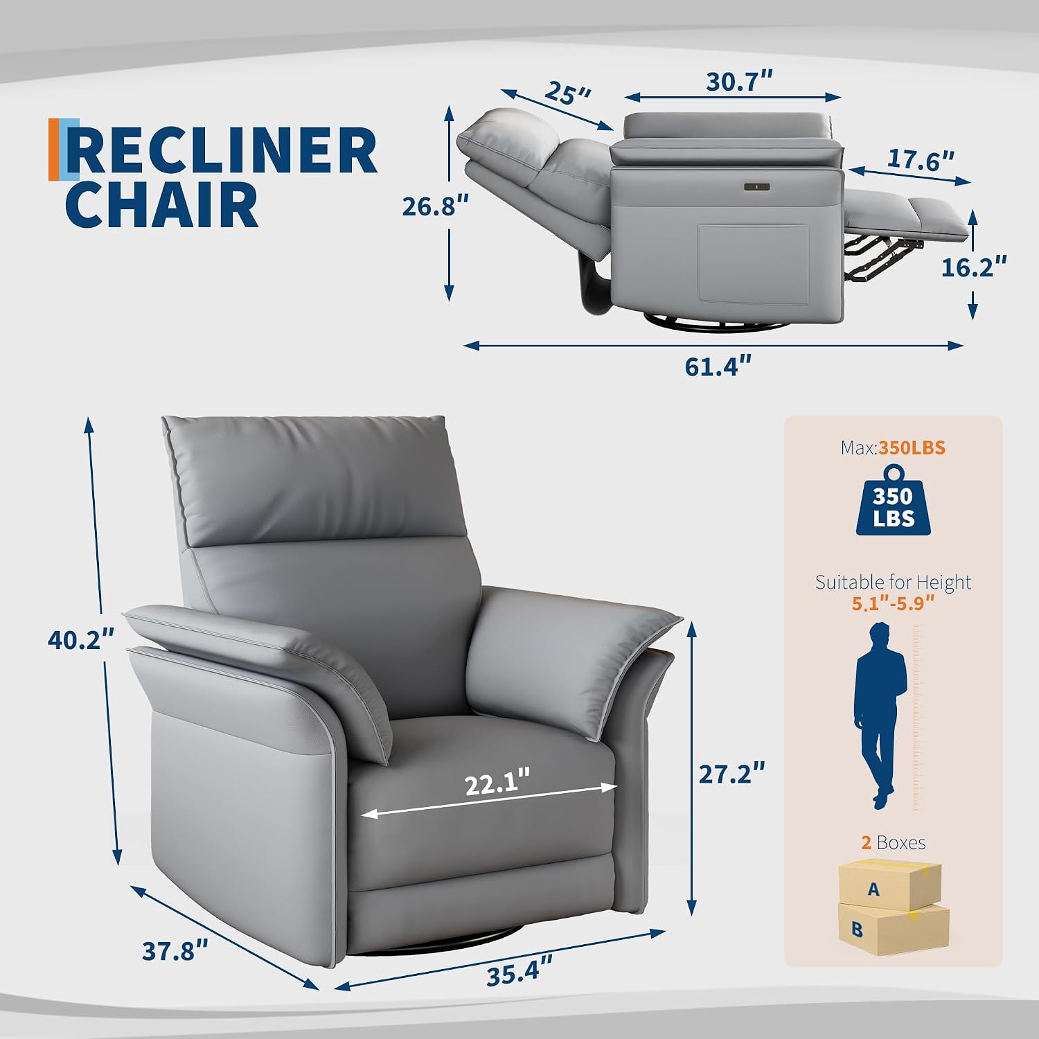 GarveeHome Power Recliner Chair with Side Pockets, 270° Swivel & Glider, USB Charging Port, PU Leather, Thickened Dual-Layer Armrests, Modern Recliner for Living Room, Bedroom (Silver)