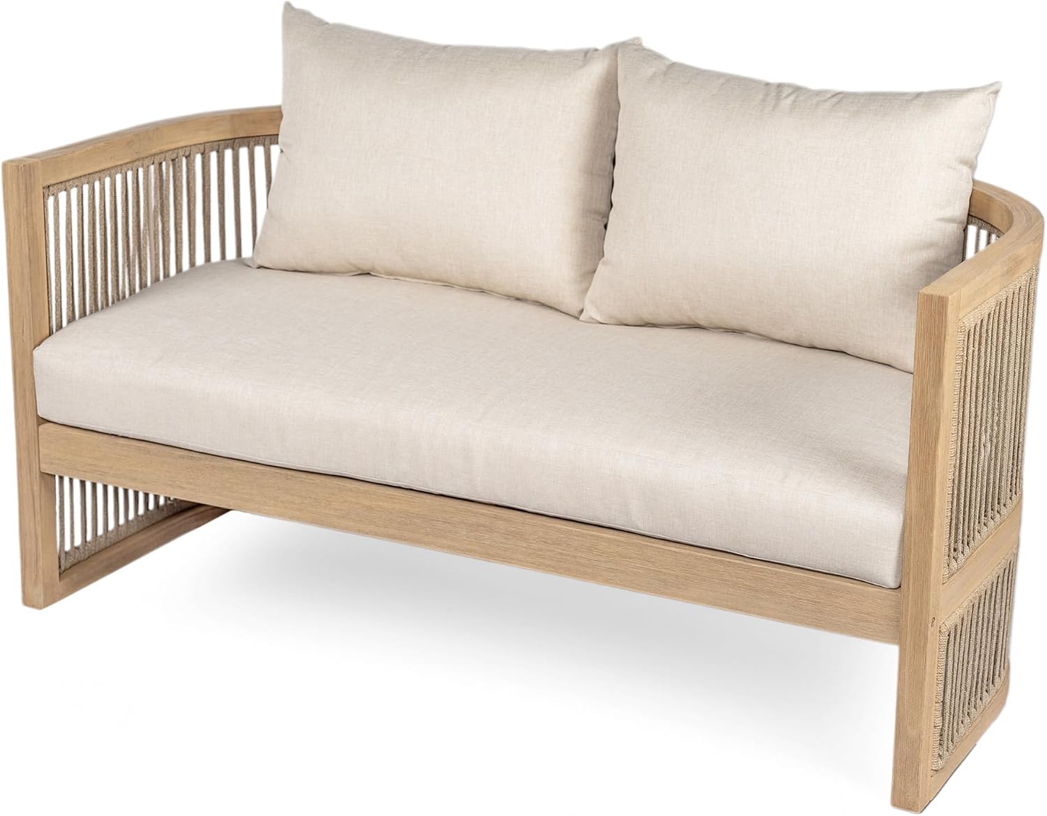 Christopher Knight Home Faine Acacia Wood Outdoor Loveseat Sofa, Patio Loveseat Furniture Set for 2 Seaters, Tub Design Patio Outdoor Sofa Couch with Woven Rope and Removable Cushion, Light Teak+Beige