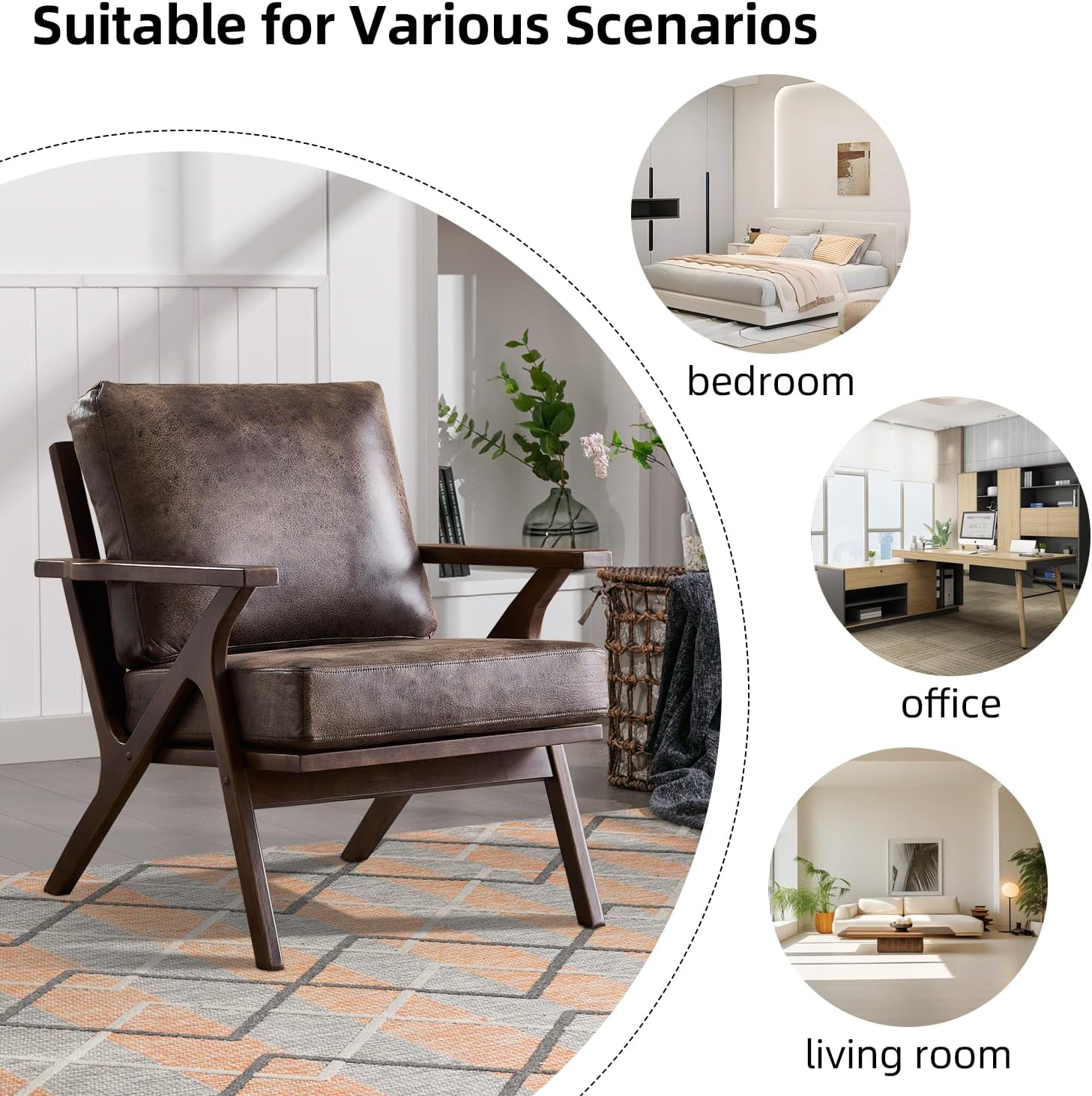 INZOY Mid-Century Modern Accent Chair with Wood Frame, PU Leather Living Room Chair and Soft Thick Padded Armchair for Living Room Bedroom Reception with Removable Upholstered Cushions, Dark Grey