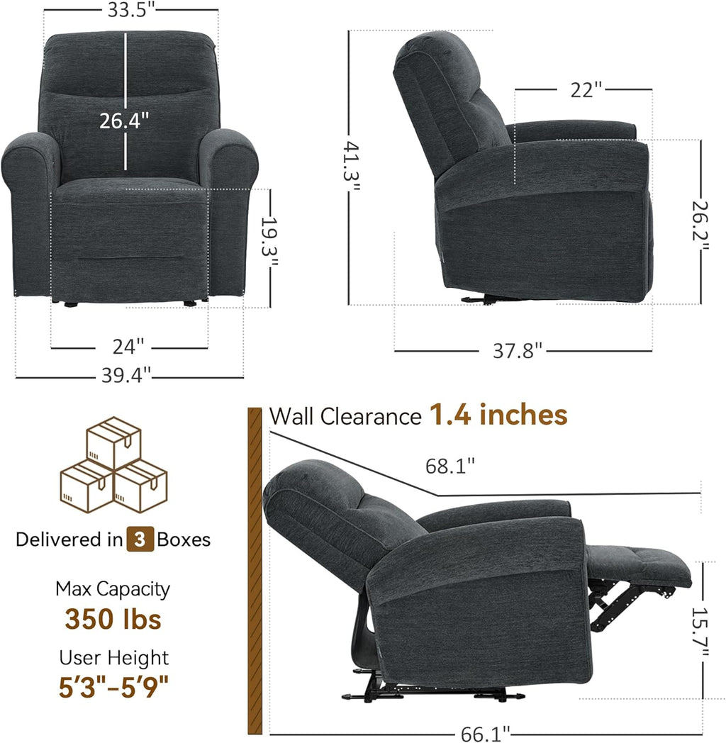 MCombo Wall Hugger Power Recliner Chair for Small Spaces RV Living Room, USB & Type-C Charging Ports, Extra Wide 24' Seat, Rolled Arm Electric Reclining Chair, Pet-Friendly Fabric PR630 (Dark Grey)
