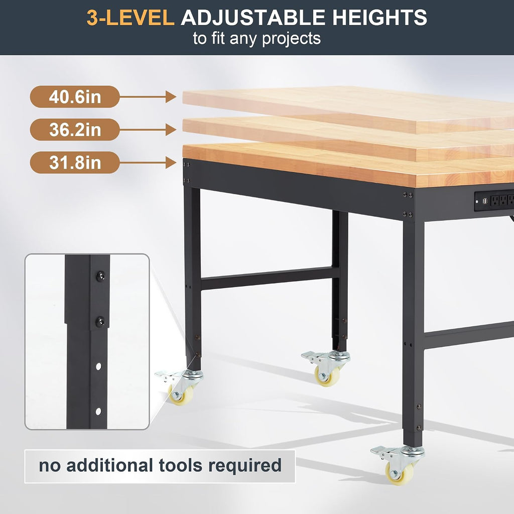 HABUTWAY Height Adjustable Workbench with Wheels 60' 2000 Lbs Capacity Solid Wood Work Station Heavy-Duty Rolling Work Tables for Garage Party Shop Office