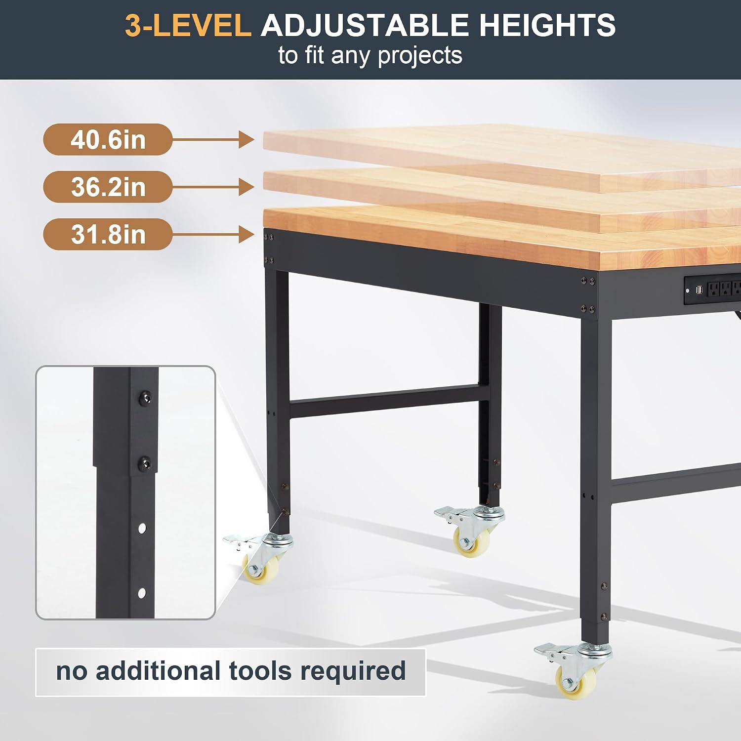 HABUTWAY Height Adjustable Workbench with Wheels 60' 2000 Lbs Capacity Solid Wood Work Station Heavy-Duty Rolling Work Tables for Garage Party Shop Office