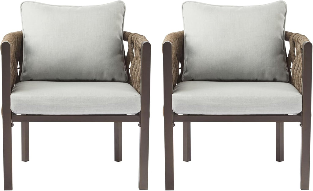 Christopher Knight Home Lena Patio Club Chairs Set of 2, Metal Accent Chairs, Rope Woven Backrest Armchair, Upholstered Cushions Seating, Tub Back Design for Backyard Garden, Brown+Light Gray