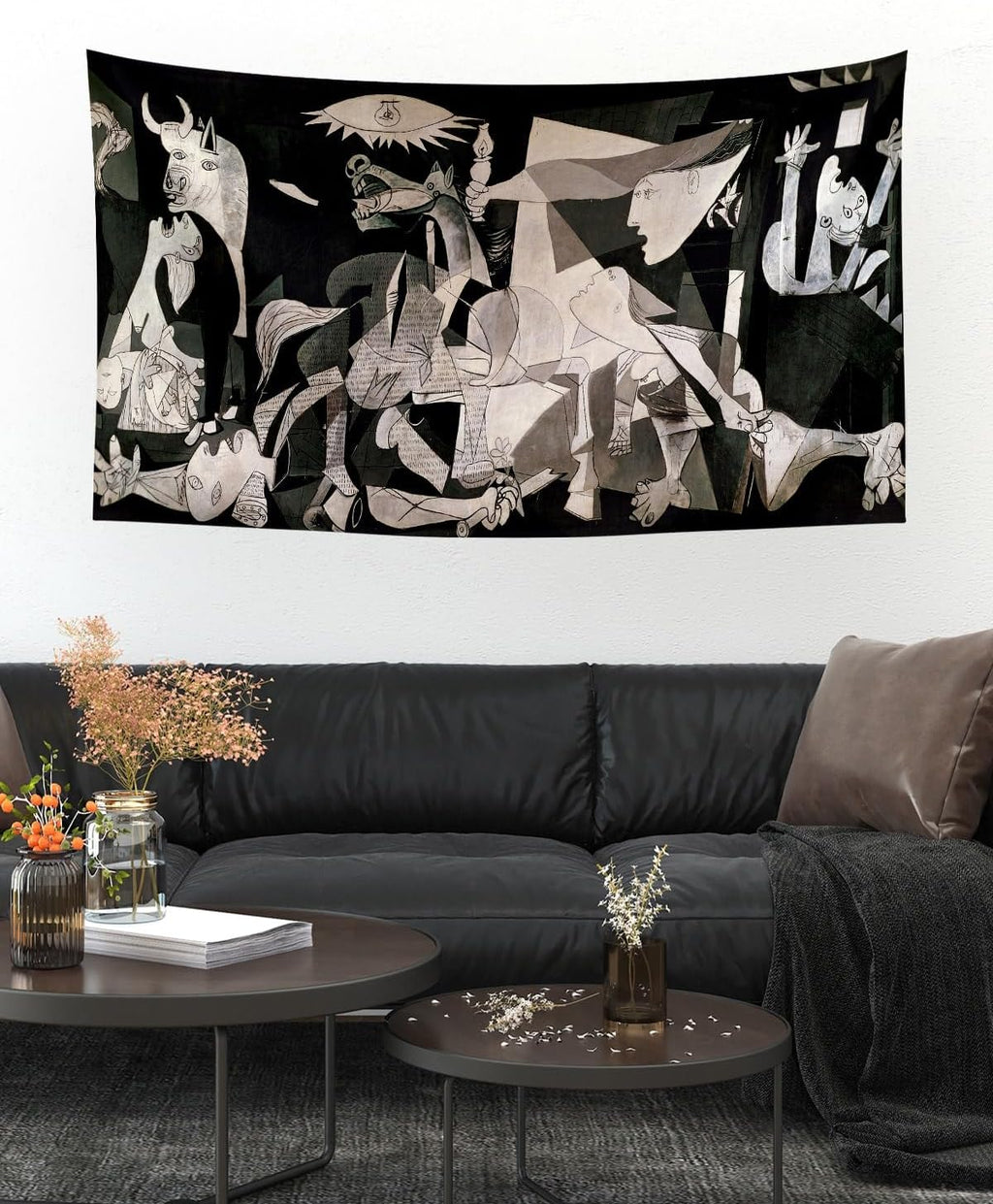 Guernica Tapestry Wall Hanging 70x140cm Pablo Picasso Famous Painting Art Cotton Fabric Home Decor Living Room - Charcoal, 28x55 inch