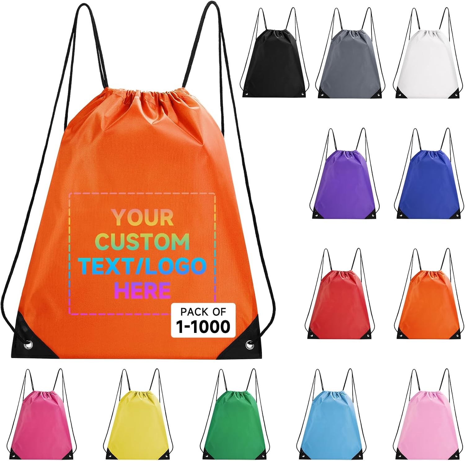 Custom Drawstring Bags With Logo, 500 Pack Personalized Text Drawstring Backpack Bulk Great for Travelling, Gym and for Everyday Use (Orange)