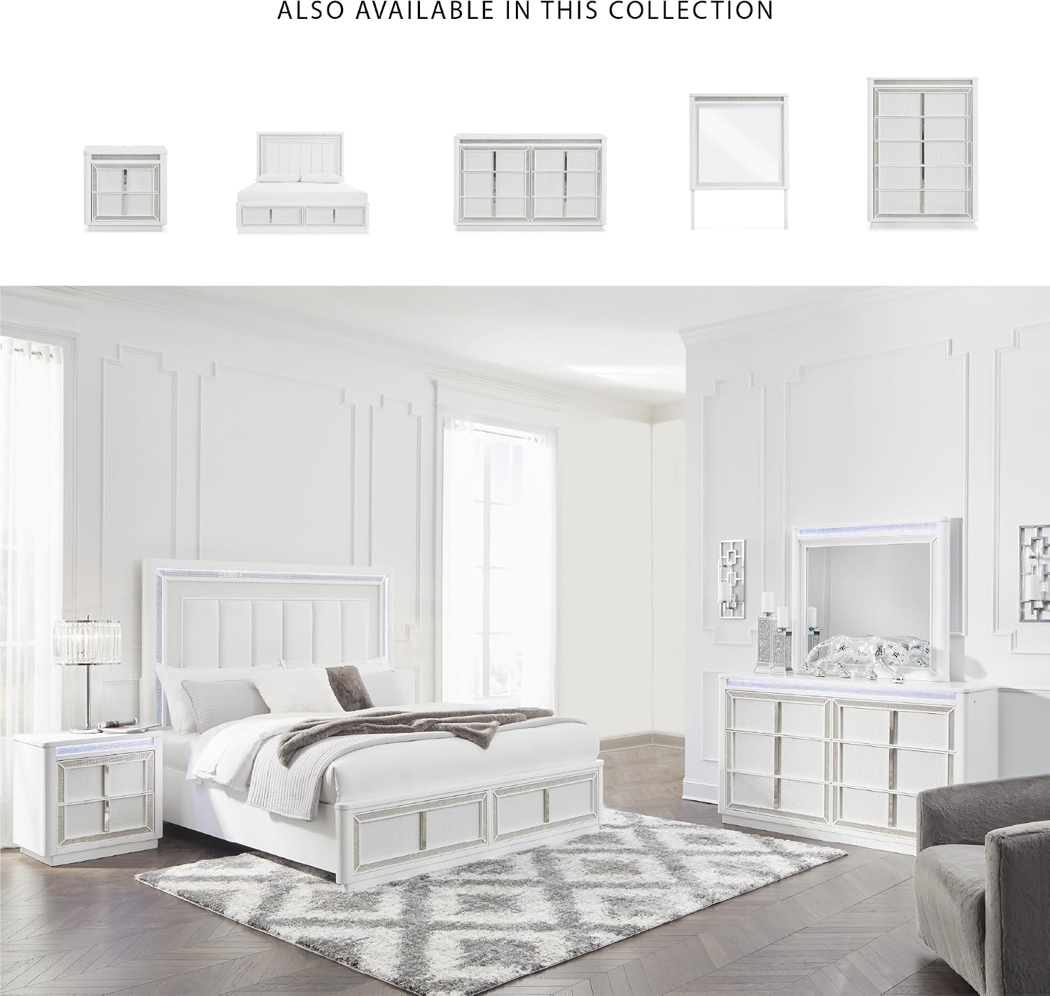 Signature Design by Ashley Chalanna Contemporary Dresser with 6 Drawers, Built-in LED Lighting, Rhinestone Details, Wood, White, 64' W x 20' D x 38.75' H