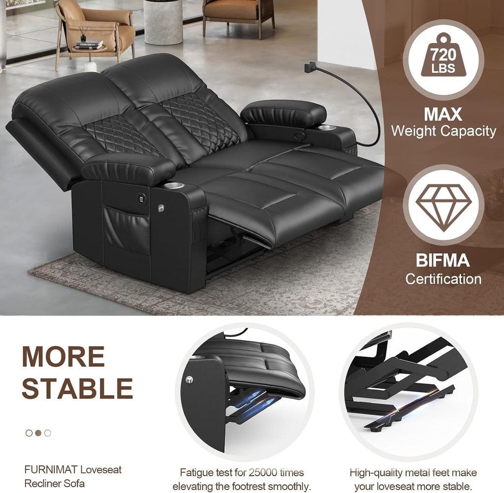 FURNIMAT Loveseat Recliner Sofa, 2 Seater Reclining Loveseat Sofa, Modern PU Leather RV Loveseat Couch for Living Room/RV, with USB Ports, Cup Holders, Insert Pockets, Cell Phone Holders, Black