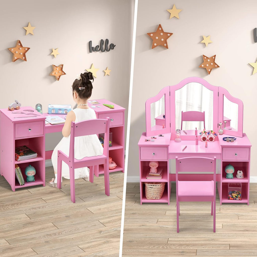 AKUSTIK Kids Vanity, 2 in 1 Wooden Princess Makeup Table and Chair for Toddlers with Tri-Folding Detachable Mirror, Storage Drawers for Little Girls, Pretend Beauty Dressing Desk Play Set Toy Gift
