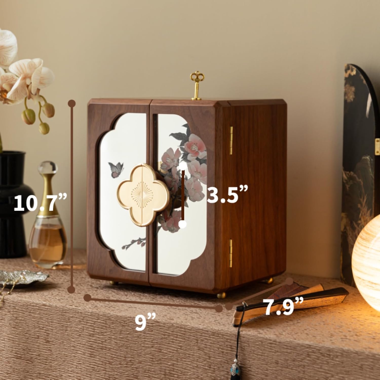 Kinsuite Black Walnut Jewelry Box - 5-tier Jewelry Organizer with Secure Double-Door, Safe with Lock for Earring, Ring, Necklace, Bracelets with Mirror
