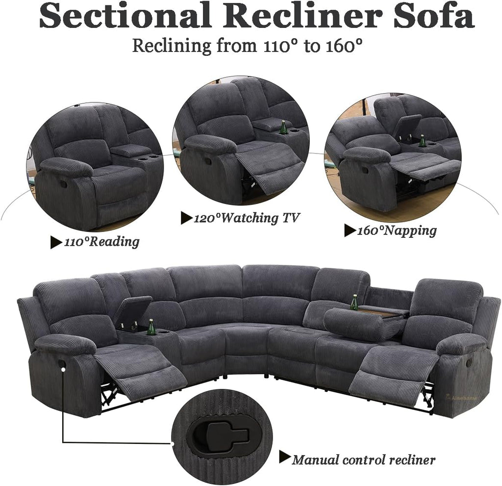 A Ainehome Furniture Sectional Couch Recliner Sofa Set with Storage, Corduroy Sofa Sets Manual Reclining Sectional Couches for Living Room with 3 Recliner Seats(Living Room Set, Dark Grey)