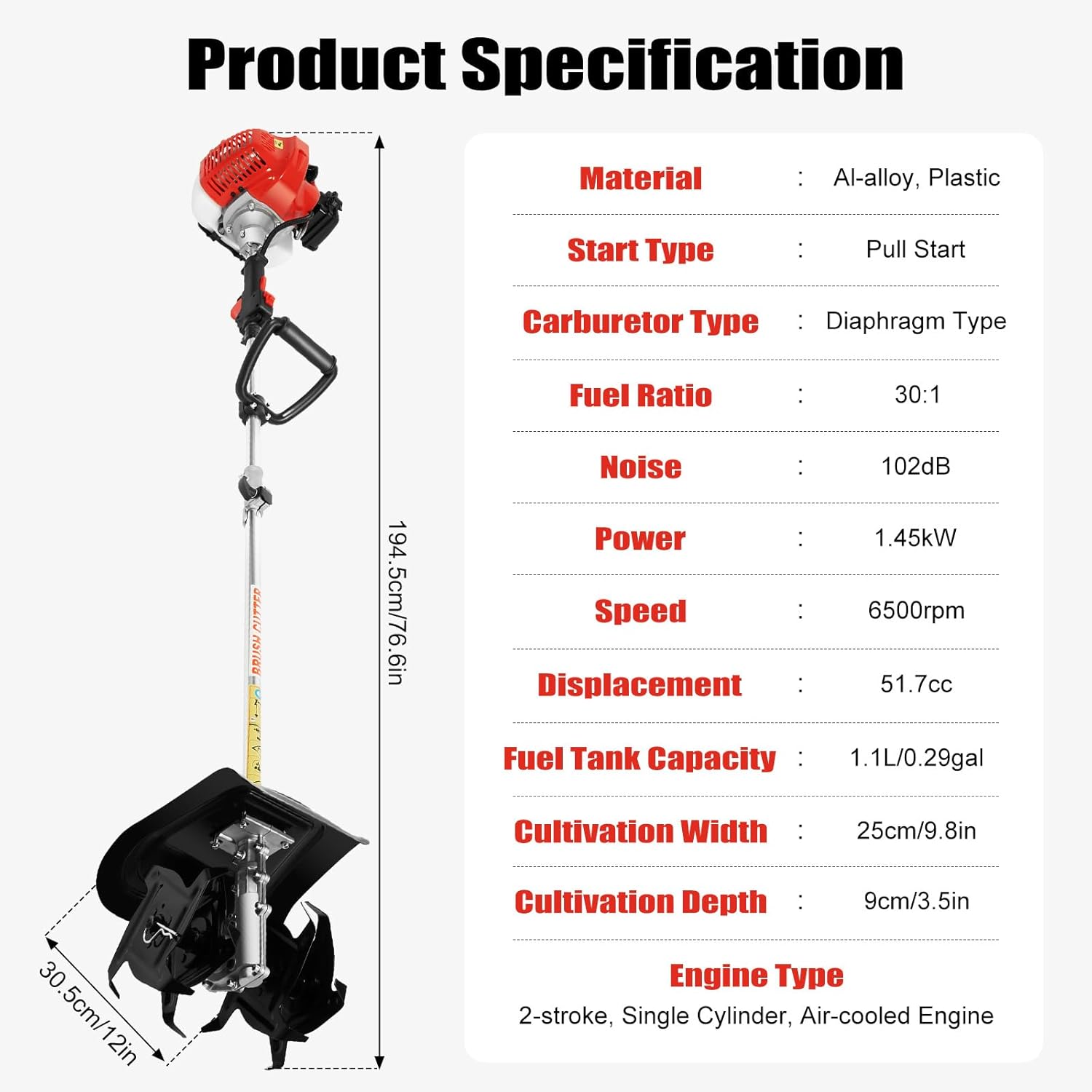 Tiller Cultivator,43CC 2-Stroke Garden Cultivator,Tiller for Gardening,with Cordless and Long Pole Design,Diaphragm Carburetor, for Garden, Lawn, Digging, Root/Weed Removal and Soil Cultivation