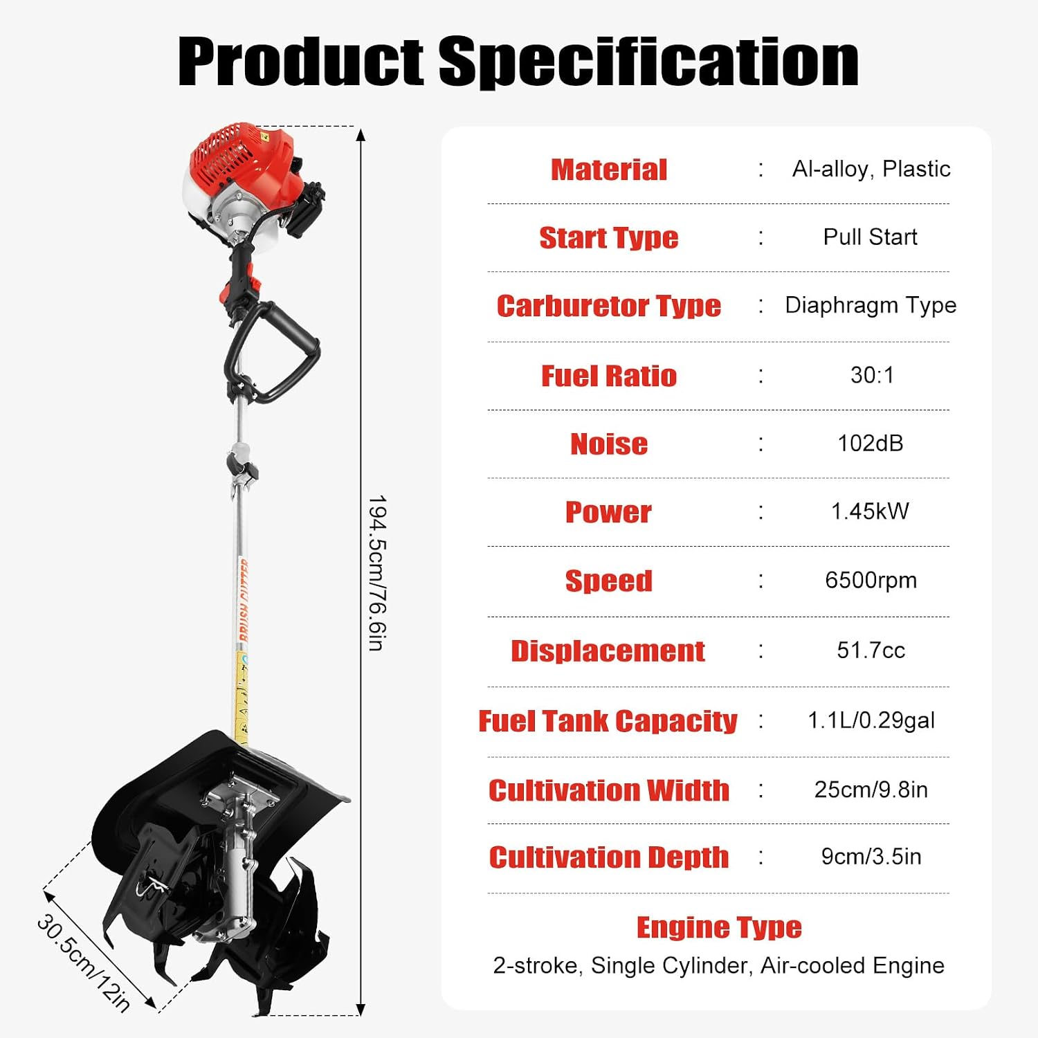 51.7CC Gas-Powered Tiller Cultivator, 2HP 2-Stroke Single Cylinder Rototiller with Air-Cooled System,Handheld Micro Tillage Ripper for Garden Lawn Digging
