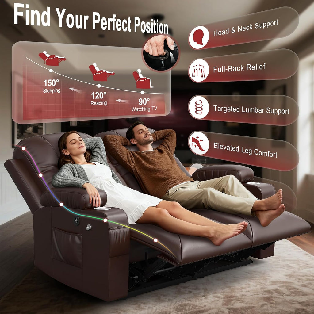 FURNIMAT Loveseat Recliner Sofa, 2 Seater Reclining Loveseat Sofa, PU Leather RV Loveseat Couch, Recliner Chair for Living Room, with Cup Holder and 2 Cell Phone Holder, USB Ports, Brown