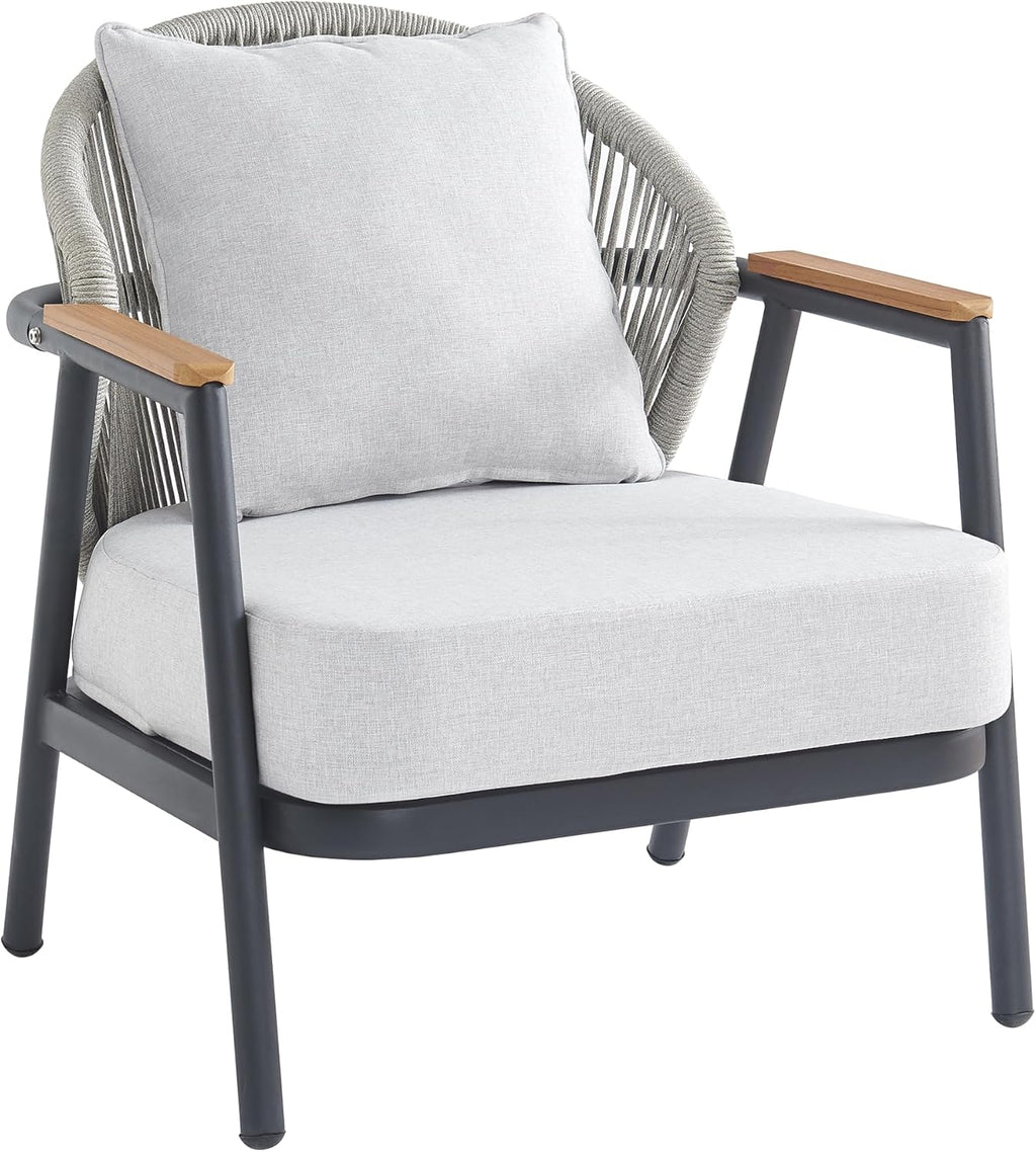Christopher Knight Home Vine Iron Patio Club Chair Set of 2, Outdoor Accent Chair with Cushions, Wooden Patio Armchair, Ergonomic Comfy Reading Chair for Balcony, Backyard, Garden, Dark Grey+Grey