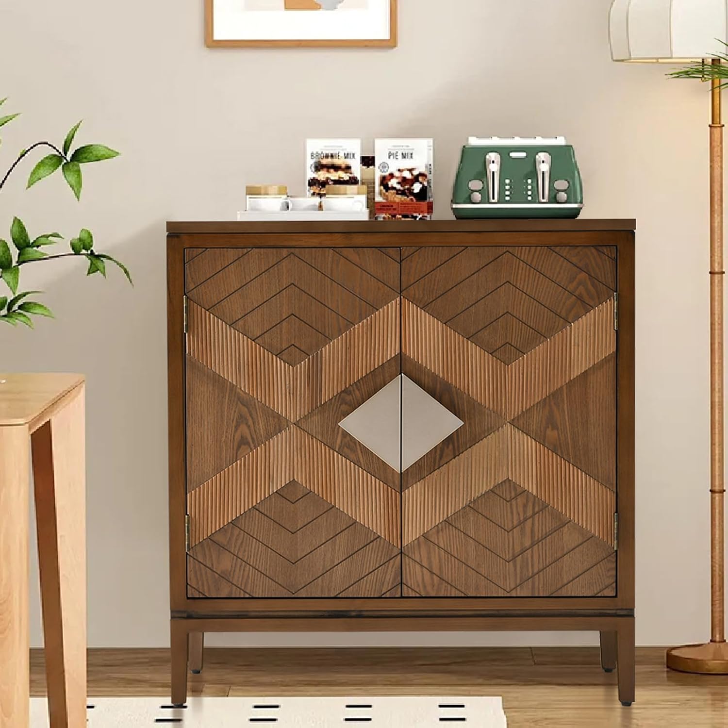 Ahokua Mid-Century Modern Wood Accent Cabinet with 2 Carved Doors, Geometric Storage Sideboard with Adjustable Shelf for Living Room, Hallway or Entryway, Brown