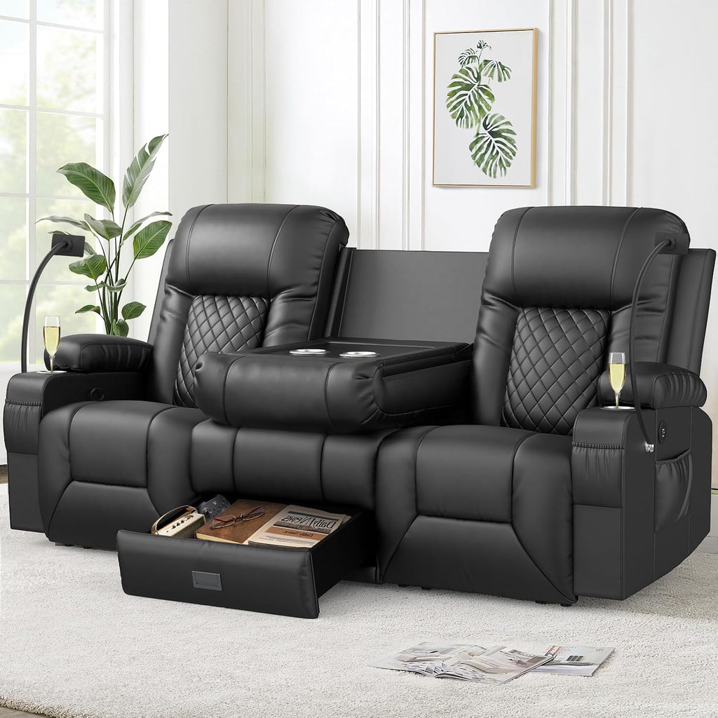 FURNIMAT Loveseat Recliner Sofa, Modern Dual Reclining Sofa with Flip Back Console, 3 Seater PU Leather Loveseat Couch for Living Room/RV, with Storage, USB Ports, Cup Holder, Cell Phone Holder, Black