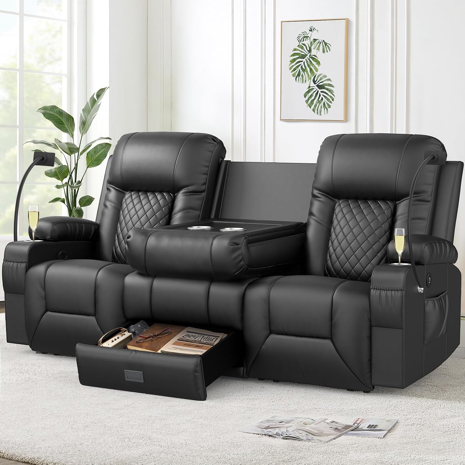 FURNIMAT Loveseat Recliner Sofa, Modern Dual Reclining Sofa with Flip Back Console, 3 Seater PU Leather Loveseat Couch for Living Room/RV, with Storage, USB Ports, Cup Holder, Cell Phone Holder, Black
