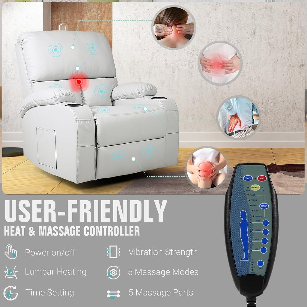 LEVELEVE Rocking Recliner Chair, Massage Rocker Recliner Chair with Vibration Massage and Heat, 360° Swivel Recliner Chairs, Living Room, Bedroom, Nursery, RV, Grey