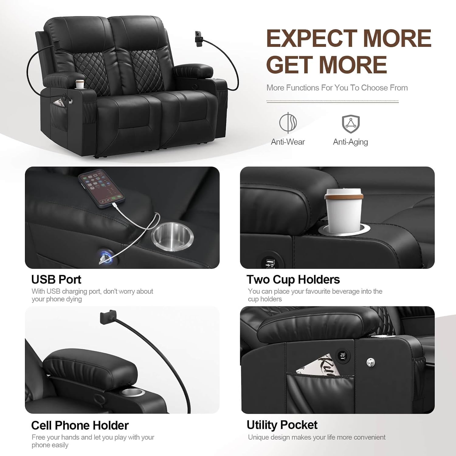 FURNIMAT Loveseat Recliner Sofa, 2 Seater Reclining Loveseat sofa, PU Leather RV Loveseat Couch, FSC Certified Recliner Chair for Living Room, with Cup Holder and 2 Cell Phone Holder, USB Ports, Black