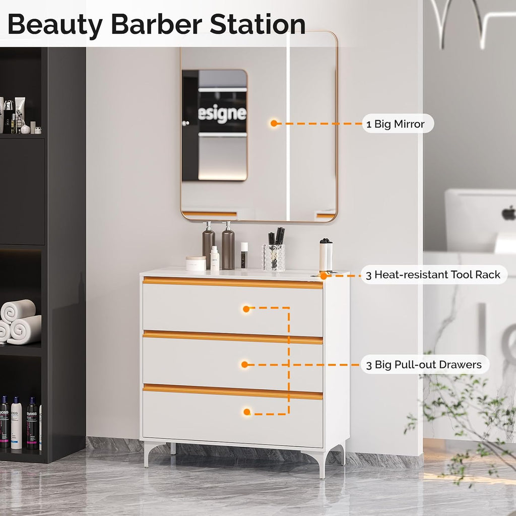 OmySalon Salon Station for Hair Stylists, Barber Free Standing Styling Cabinet with 3 Drawers, Square Mirror & Hair Dryer Holders, Modern White Gold Beauty Dresser for Salon, Spa, Home