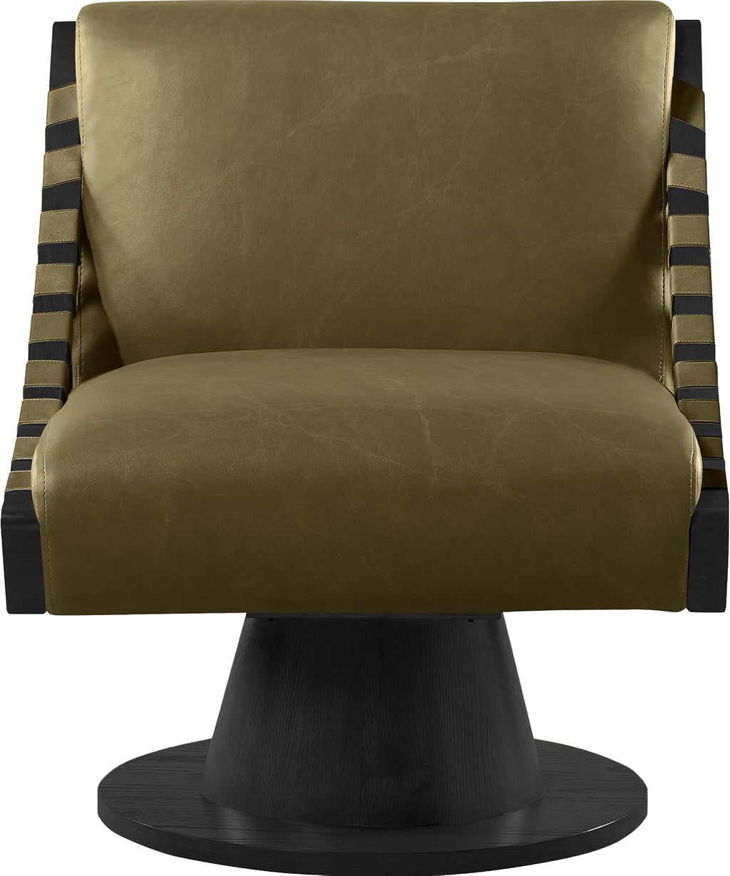 Meridian Furniture 33002Olive Millwin Collection Art Deco Swivel Accent Chair with Rich Olive Green Vegan Leather, Black Finish, Solid Wood Frame and Base, 28' W x 30' D x 32.5' H, Olive