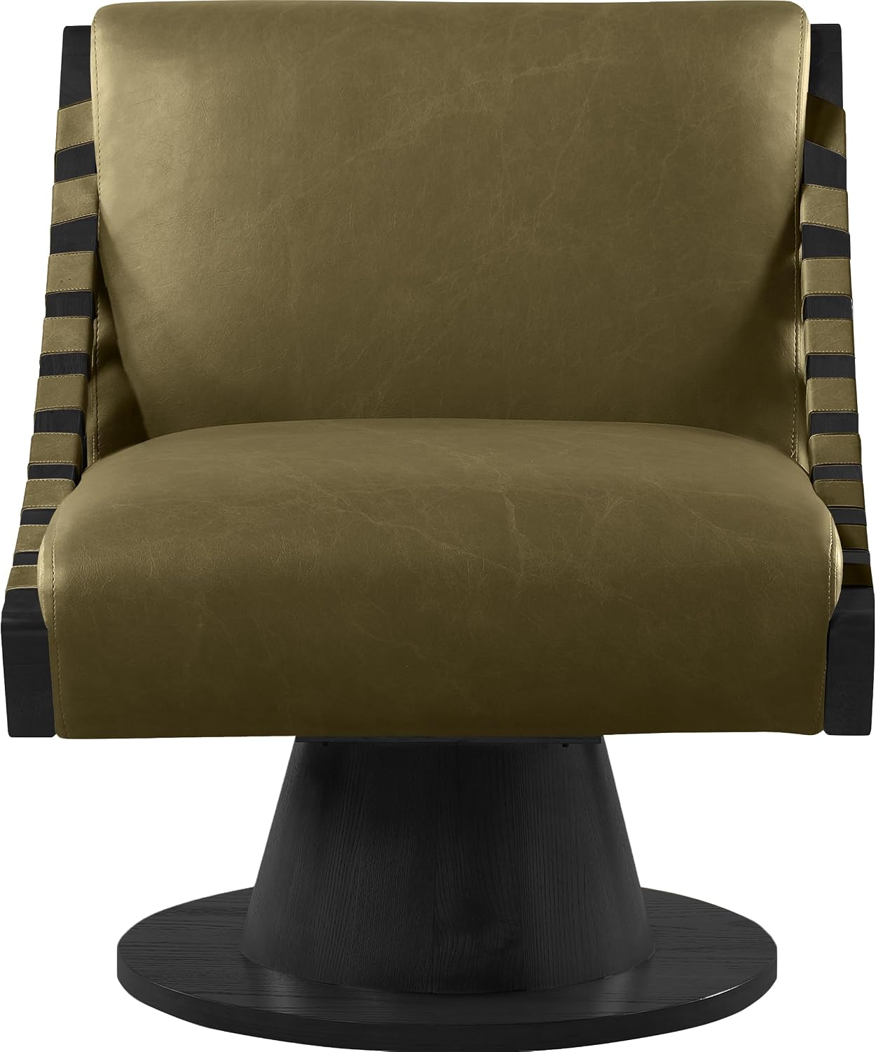 Meridian Furniture 33002Olive Millwin Collection Art Deco Swivel Accent Chair with Rich Olive Green Vegan Leather, Black Finish, Solid Wood Frame and Base, 28' W x 30' D x 32.5' H, Olive