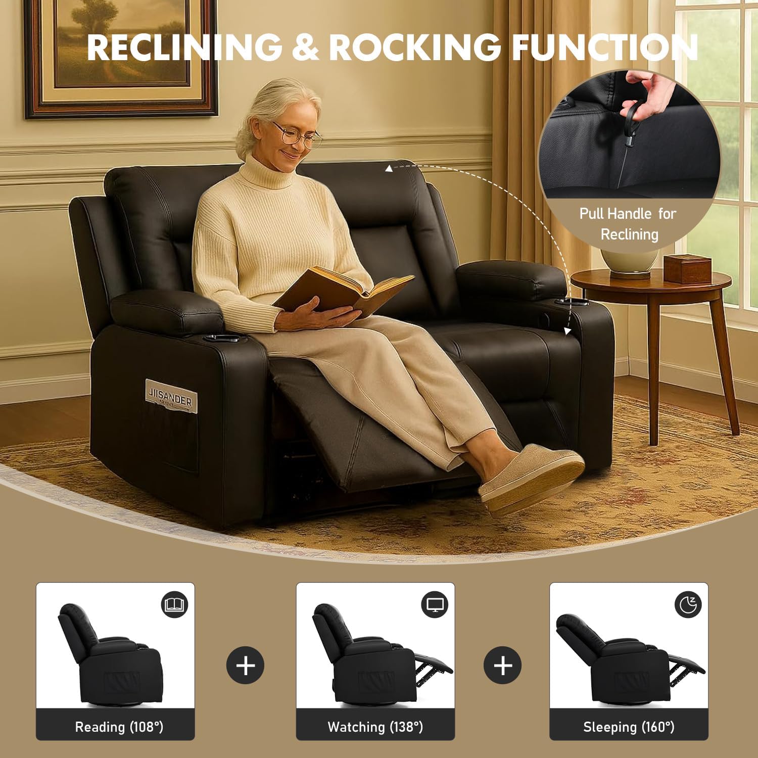 LUCKLIFE Leather Recliner Sofa Set with Manual Recliners,Living Room Furniture Set with Reclining Couch,Loveseat and Armchair,Living Room Chair with Cup Holders,Black (2+1)