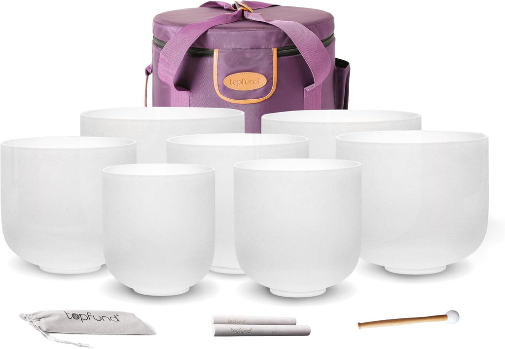 TOPFUND 6-14 inch 440Hz Chakra Set of 7 Crystal Singing Bowls with Heavy Duty Carrying Case and Singing Bowl Mallets