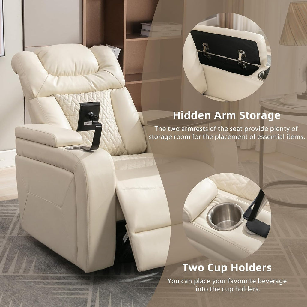 Ball & Cast Power Recliner Chair,270 Degree Swivel PU Leather Home Theater Seating for Living Room,Soft Individual Chair with Tray Table, Phone Holder,Cup Holder,USB Port,Hidden Arm Storage,White