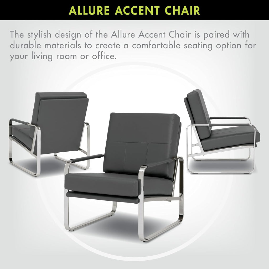 Studio Designs Home Allure Modern Accent Chair in Blended Leather, Chrome/Smoke Gray