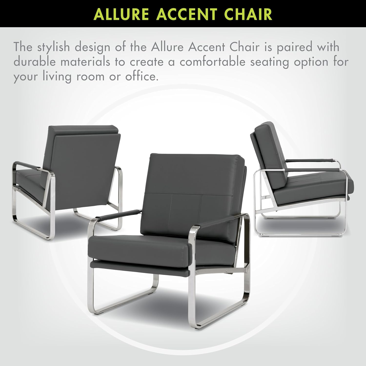 Studio Designs Home Allure Modern Accent Chair in Blended Leather, Chrome/Smoke Gray