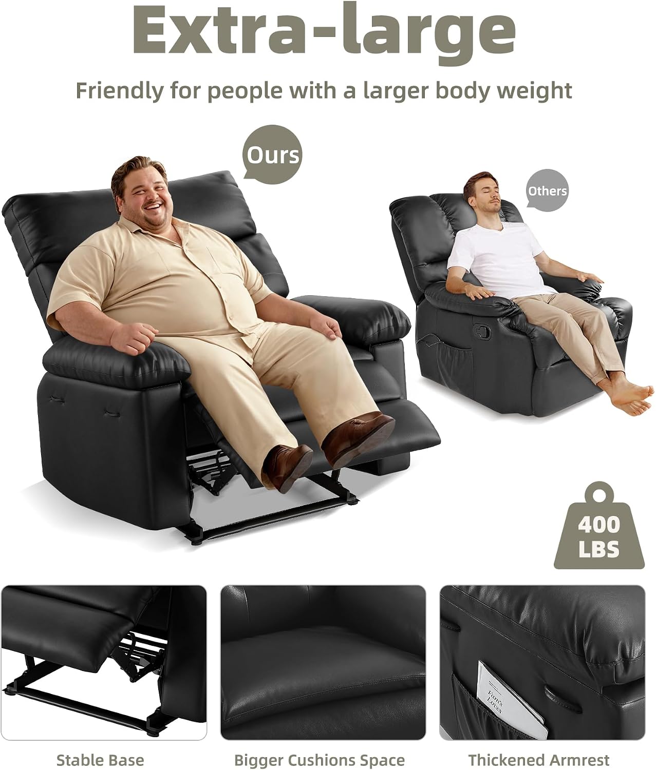 GarveeHome Recliner Chair - PU Leather Recliner for Adults, Manual Lazy Recliner Chair with Overstuffed Comfort Arm and Back for Living Room, Bedroom