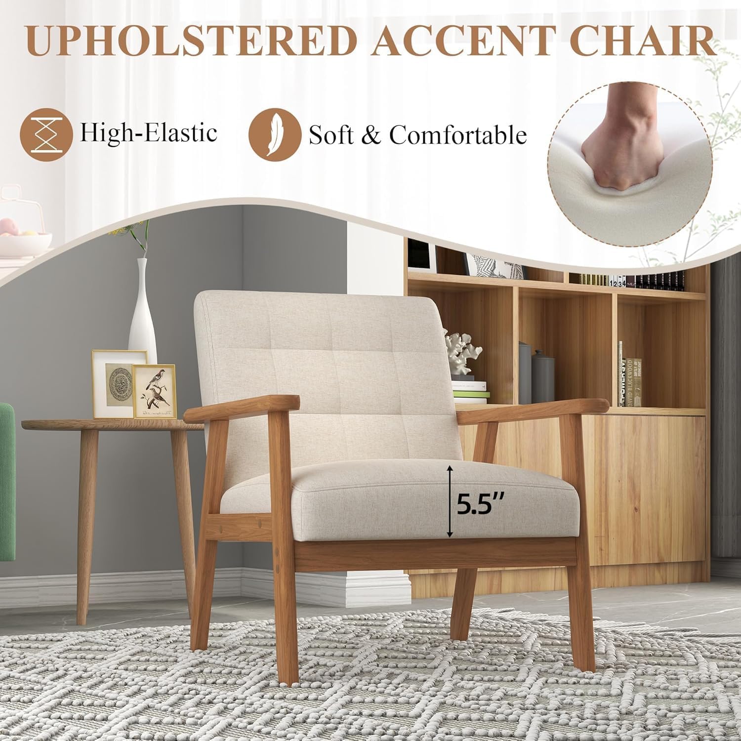 Westice Accent Chair 1PC, Mid-Century Modern Living Room Chairs with Solid Wood Frame & Soft Thicken Cushion, Upholstered Reading Arm Chair for Bedroom, Balcony, Beige Linen Fabric & Natural Legs
