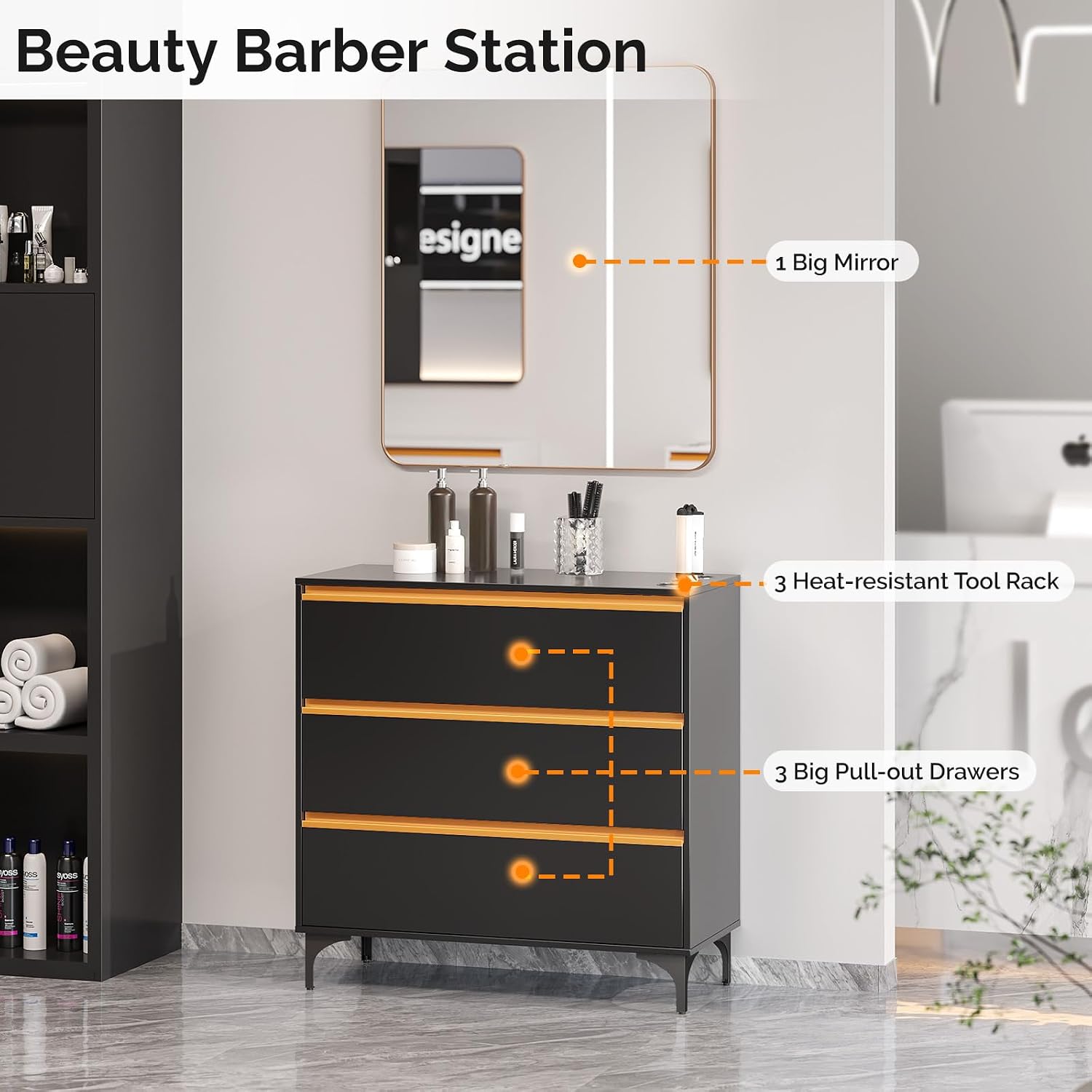 OmySalon Salon Station for Hair Stylists, Barber Free Standing Styling Cabinet with 3 Drawers, Square Mirror & Hair Dryer Holders, Modern Black Gold Beauty Dresser for Salon, Spa, Home
