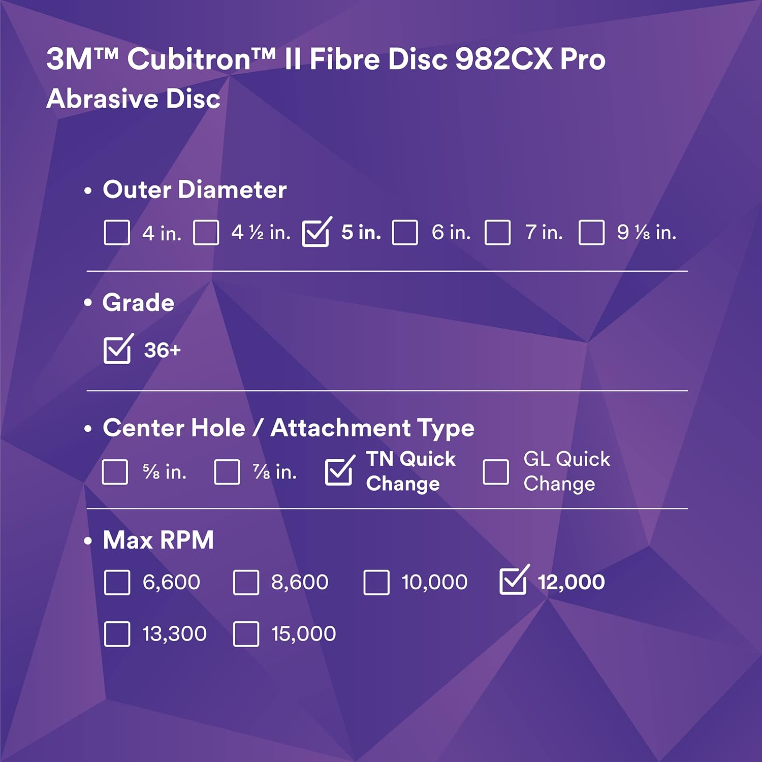 3M Cubitron II Fibre Disc 982CX Pro, 36+, TN Quick Change, 5 in, Die TN500P, Pack of 25, Improved Productivity, Longer Cut Rates, Designed for Heavy Metal Removal, Excels in Carbon Steel Applications