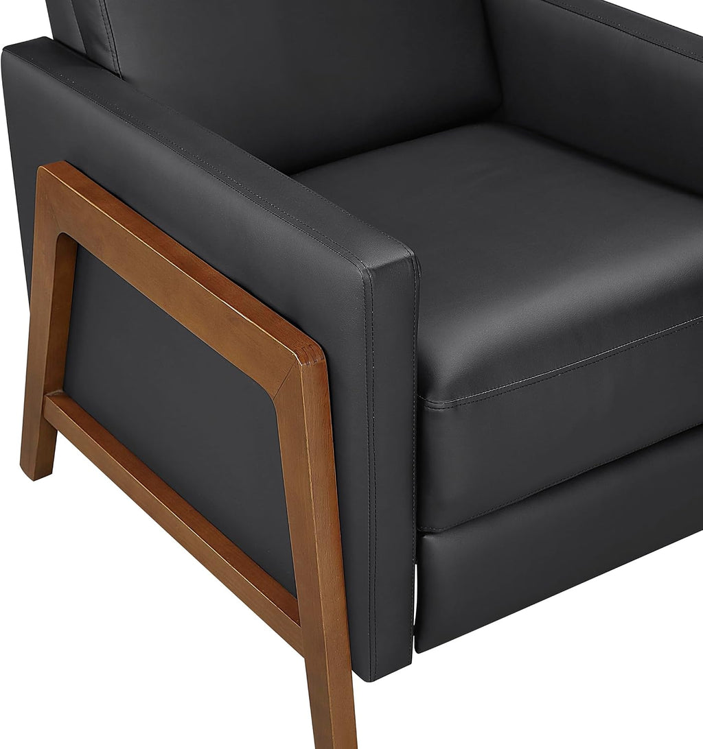 Lexicon Push Back Recliner Chair, Faux Leather Upholstered Reclining Chair with Footrest, Exposed Dark Brown Finish Wood Frame, Small Recliner for Small Space, Living Room, Bedroom, Black